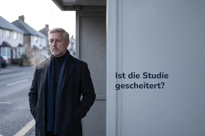 Ist die Studie gescheitert? — ein Mann Anfang vierzig wartet allein an einer Haltestelle im kalten Morgenlicht