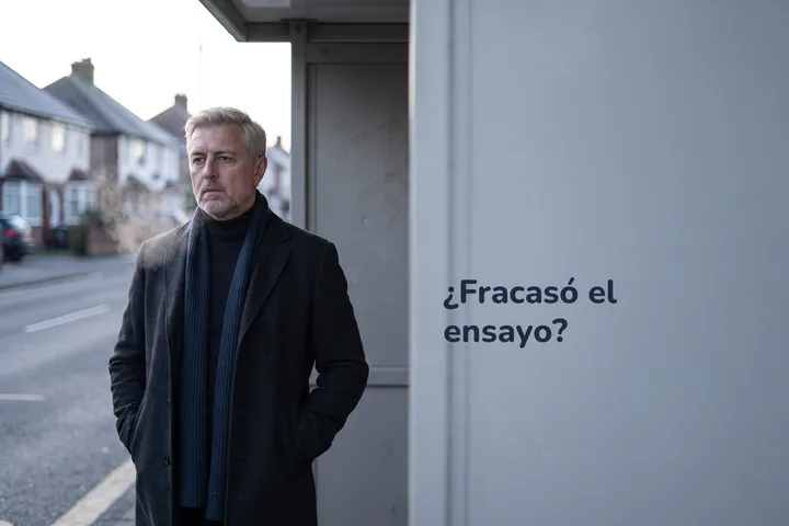 ¿Fracasó el ensayo? — un hombre de cuarenta y tantos espera solo en una parada de autobús con luz fría