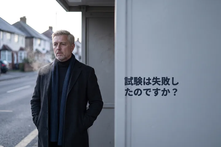 試験は失敗したのですか？ — 40代の男性が冷たい朝の光の中、一人でバス停で待っている