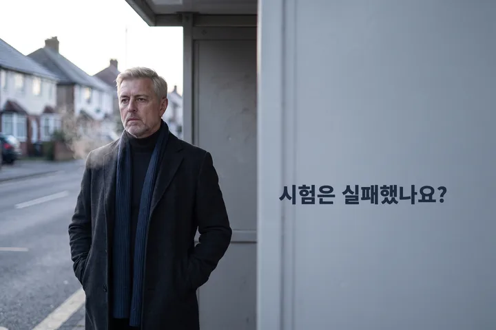 시험은 실패했나요? — 마흔 무렵의 남자가 차가운 이른 빛 속 버스 정류장에 혼자 서서 기다린다