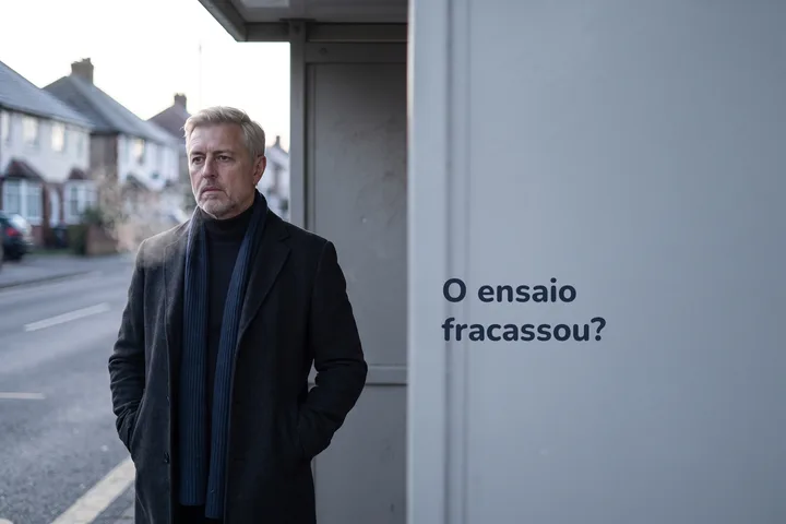 O ensaio fracassou? — um homem de quarenta e poucos anos espera sozinho num ponto de ônibus na luz fria do amanhecer