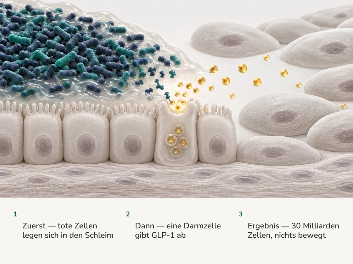 Illustration: eine dichte Schwade hitzeabgetöteter ovaler Akkermansia-Zellen im Darmschleim; eine Hormonzelle der Schleimhaut gibt einen goldenen Stoß ab, während das Gewebe dahinter unverändert bleibt