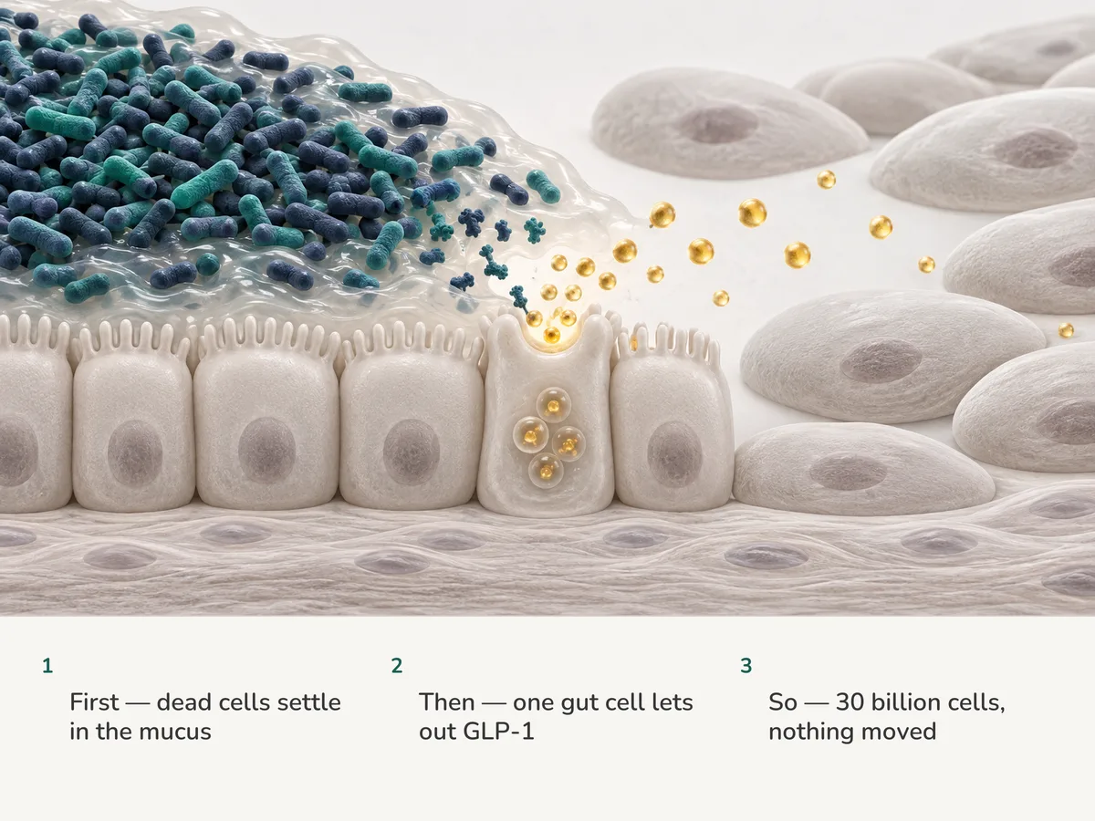 Illustration: a dense drift of heat-killed oval Akkermansia cells in gut mucus; one lining hormone cell releases a gold burst while the tissue beyond stays unchanged