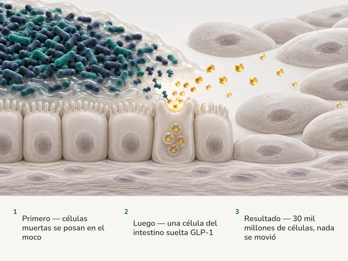 Ilustración: una masa densa de células ovaladas de Akkermansia muertas por calor en el moco intestinal; una célula hormonal de la mucosa suelta un chorro dorado mientras el tejido de más allá sigue igual