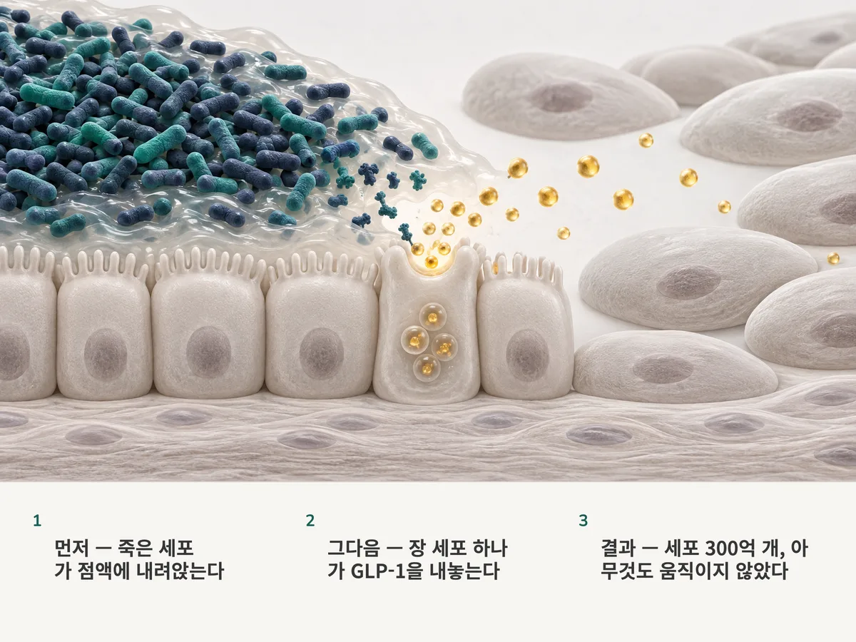 일러스트: 장 점액 속에 열로 죽인 타원형 Akkermansia 세포들이 빽빽이 떠밀려 있고, 점막의 호르몬 세포 하나가 금빛 섬광을 내놓는 동안 그 너머 조직은 그대로다