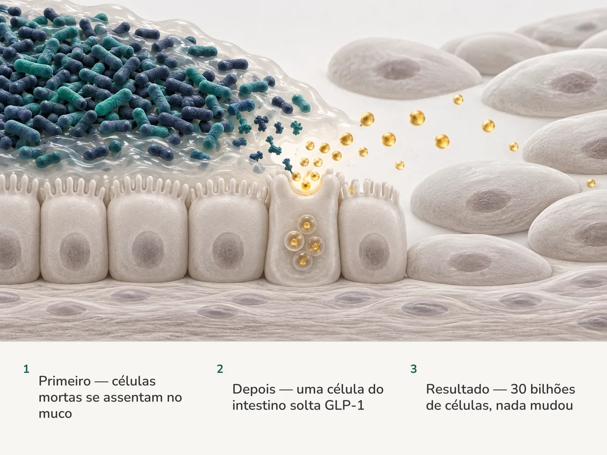 Ilustração: um banco denso de células ovais de Akkermansia mortas pelo calor no muco intestinal; uma célula hormonal da mucosa solta um jato dourado enquanto o tecido em volta segue igual