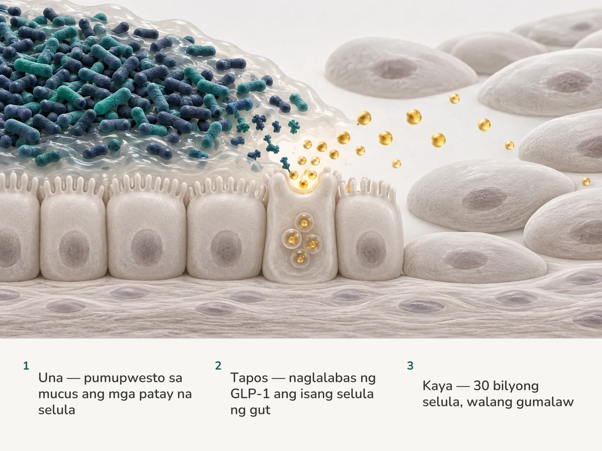 Ilustrasyon: makapal na anod ng pinatay-sa-init na hugis-itlog na selula ng Akkermansia sa mucus ng bituka; isang selulang hormone sa lining ang naglalabas ng gintong sabog habang nananatiling hindi nagbabago ang tisyu sa kabila