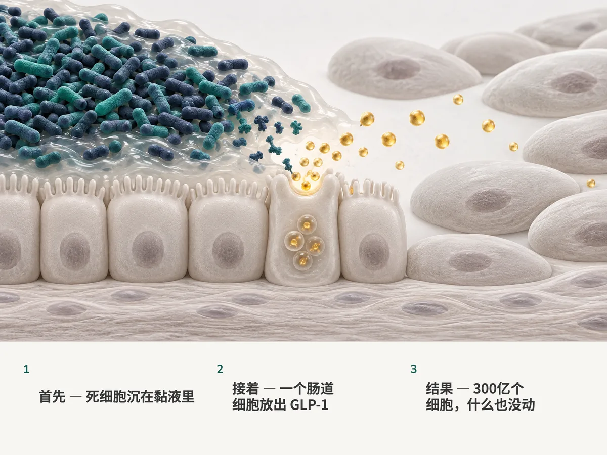 插画:密集漂浮的热灭活椭圆形阿克曼菌堆在肠道黏液里;肠壁上一个激素细胞放出一束金光,而更远处的组织毫无变化