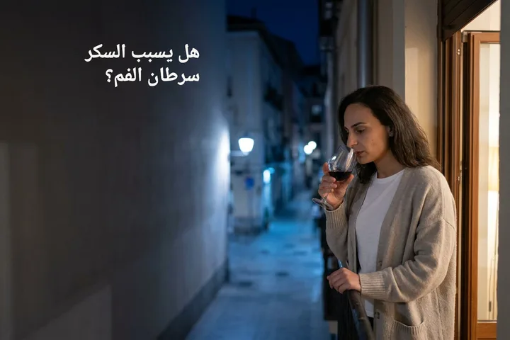 هل يسبب السكر سرطان الفم؟ — امرأة في شرفتها في وقت متأخر من الليل، تمضغ، وفي يدها كأس نبيذ