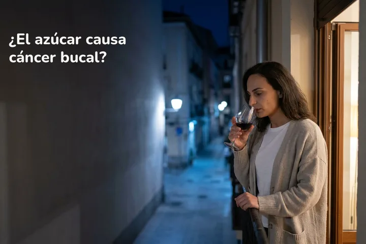 ¿El azúcar causa cáncer bucal? — una mujer en su balcón de noche, masticando, una copa de vino en la mano