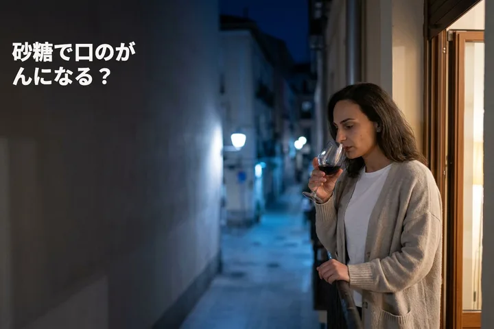 砂糖で口のがんになる? — 深夜、女性がバルコニーでワイングラスを手に、何かを噛んでいる
