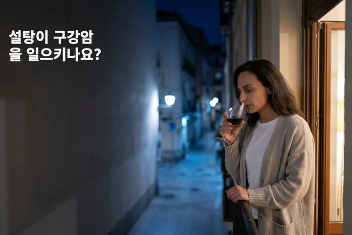 설탕이 구강암을 일으키나요? — 한 여자가 늦은 밤 발코니에서 와인 잔을 들고 무언가를 씹고 있다