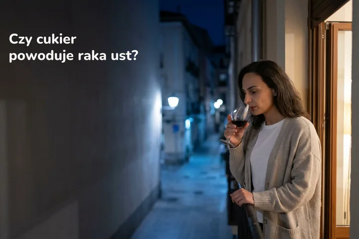 Czy cukier powoduje raka ust? — kobieta późnym wieczorem na balkonie, żuje, trzyma kieliszek wina