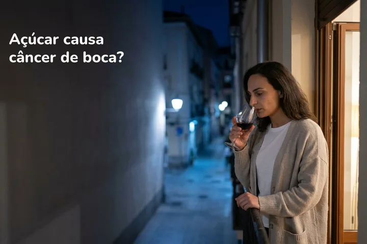 Açúcar causa câncer de boca? — uma mulher na varanda tarde da noite, mastigando, com uma taça de vinho na mão