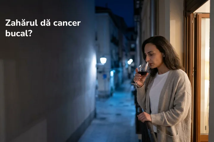 Zahărul dă cancer bucal? — o femeie pe balcon, noaptea târziu, mestecând, cu un pahar de vin în mână