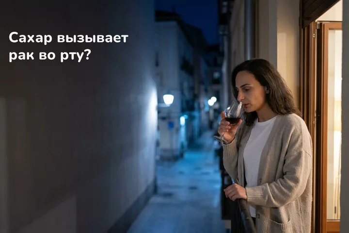 Сахар вызывает рак во рту? — женщина поздним вечером на балконе, жуёт, в руке бокал вина