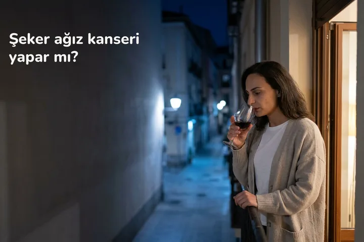 Şeker ağız kanseri yapar mı? — gece geç saatte balkonundaki bir kadın sakız çiğniyor, elinde bir kadeh şarap