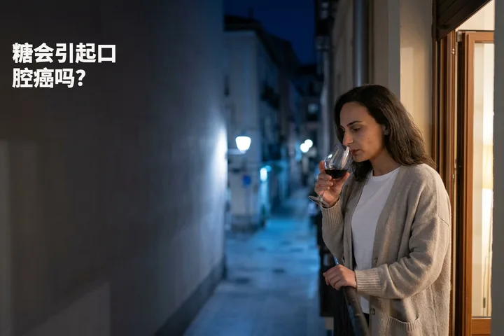 糖会引起口腔癌吗？ — 一位女性深夜在自家阳台上嚼着东西，手里端着一杯葡萄酒