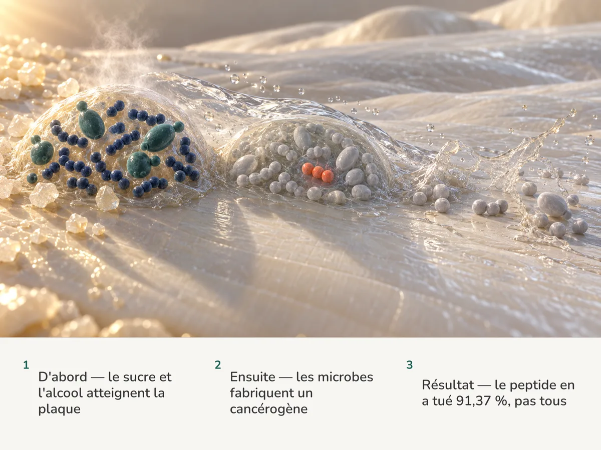 Illustration : les microbes d'une coque de plaque sur l'émail dégagent de l'acétaldéhyde ; un peptide en immobilise la plupart, trois cellules abritées survivent jusqu'à ce que des enzymes dissolvent la coque