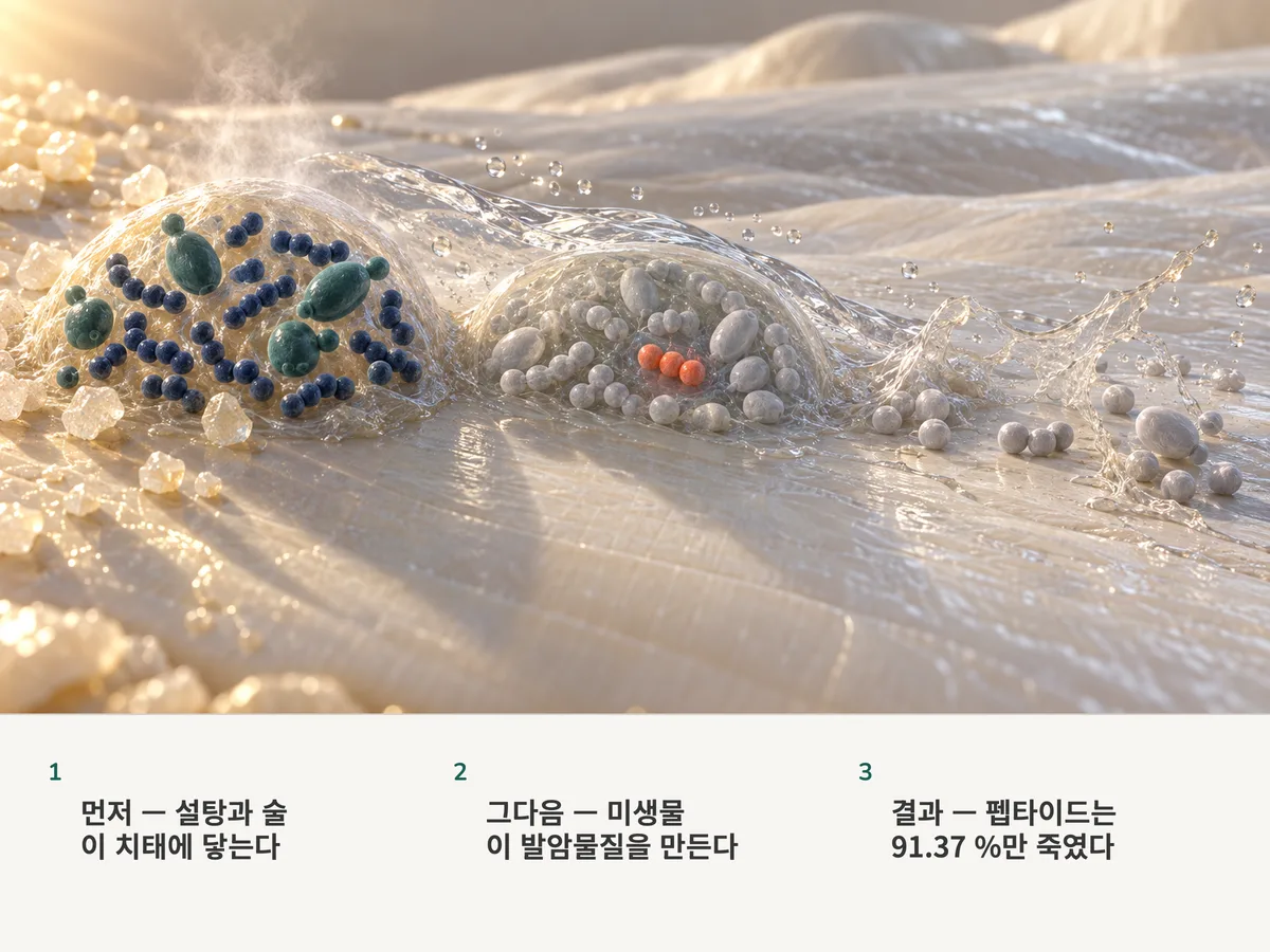 일러스트: 법랑질 위 치태 껍질 속 미생물들이 아세트알데하이드를 내놓고, 펩타이드가 대부분을 잠재우지만 가려진 세 세포는 효소가 껍질을 녹일 때까지 살아남는다