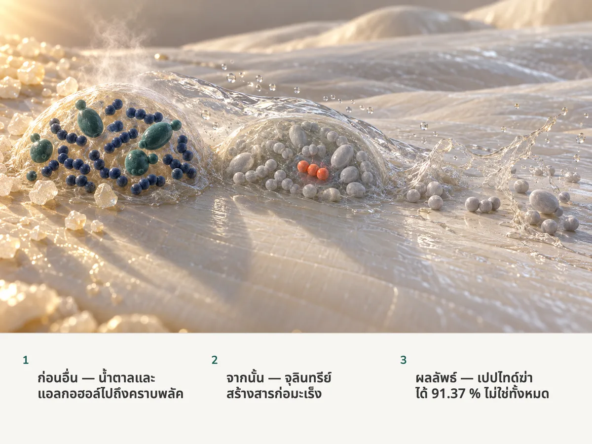 ภาพประกอบ: จุลินทรีย์ในเปลือกคราบพลัคบนเคลือบฟันปล่อยอะเซตัลดีไฮด์ออกมา เปปไทด์ทำให้ส่วนใหญ่สงบลง แต่มีสามเซลล์ที่หลบอยู่รอดมาได้จนกระทั่งเอนไซม์ละลายเปลือกนั้นออก