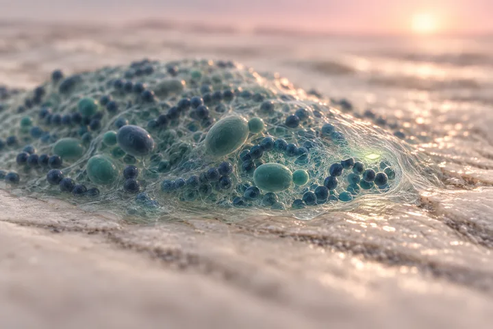 Illustration: Ketten runder Bakterien und knospende Hefen in einem klebrigen Film über heller Zahnschmelzfläche, eine ausgedünnte Stelle leuchtet limonengrün