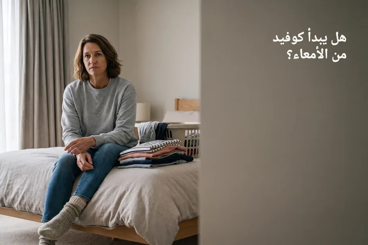 هل يبدأ كوفيد من الأمعاء؟ — امرأة تتوقف في منتصف غسيل الملابس وتجلس على حافة السرير
