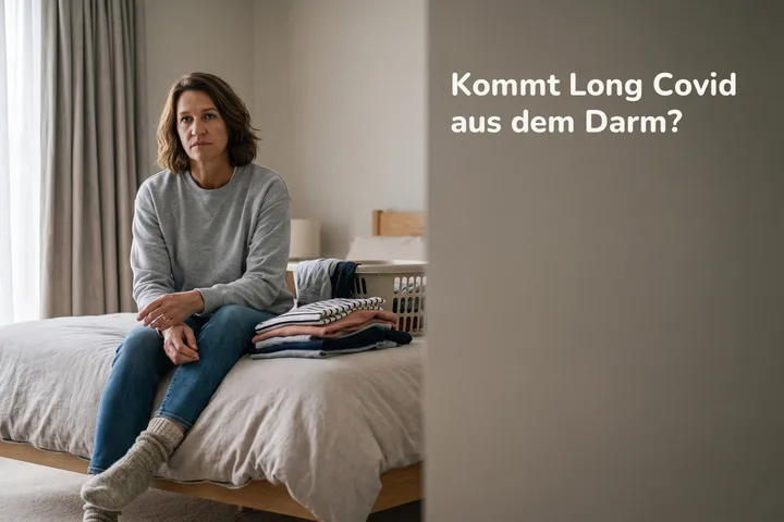 Kommt Long Covid aus dem Darm? — eine Frau hält beim Wäschefalten inne und setzt sich auf die Bettkante