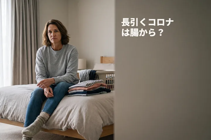 長引くコロナは腸から？ — 洗濯の途中で手を止めた女性が、ベッドの端に腰を下ろしている