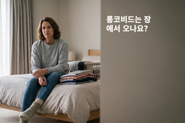 롱코비드는 장에서 오나요? — 한 여자가 빨래를 하다 말고 침대 가장자리에 앉는다