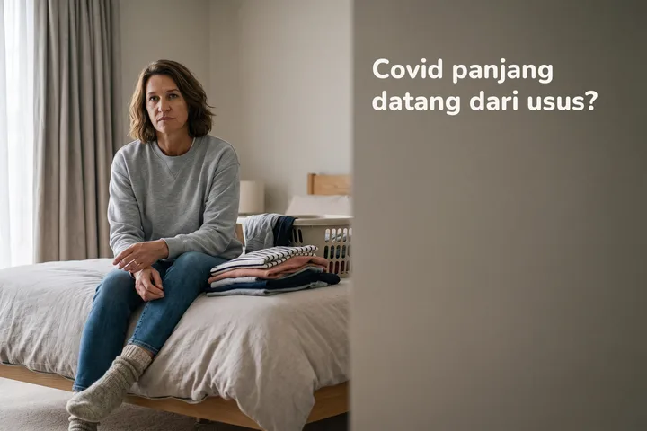 Covid panjang datang dari usus? — seorang wanita berhenti di tengah kerja membasuh dan duduk di birai katil
