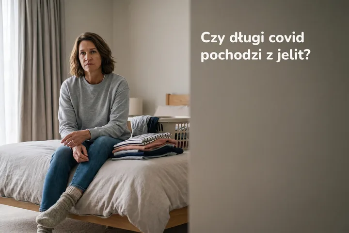 Czy długi covid pochodzi z jelit? — kobieta przerywa w połowie składanie prania i siada na brzegu łóżka