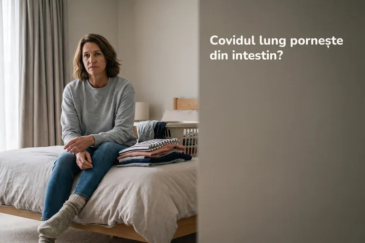 Covidul lung pornește din intestin? — o femeie se oprește în mijlocul rufelor și se așază pe marginea patului