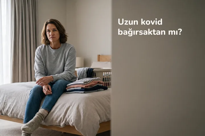 Uzun kovid bağırsaktan mı? — bir kadın çamaşırı yarıda bırakıp yatağın kenarına oturuyor