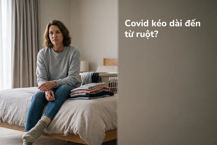 Covid kéo dài đến từ ruột? — một phụ nữ dừng giữa chừng việc giặt giũ và ngồi xuống mép giường