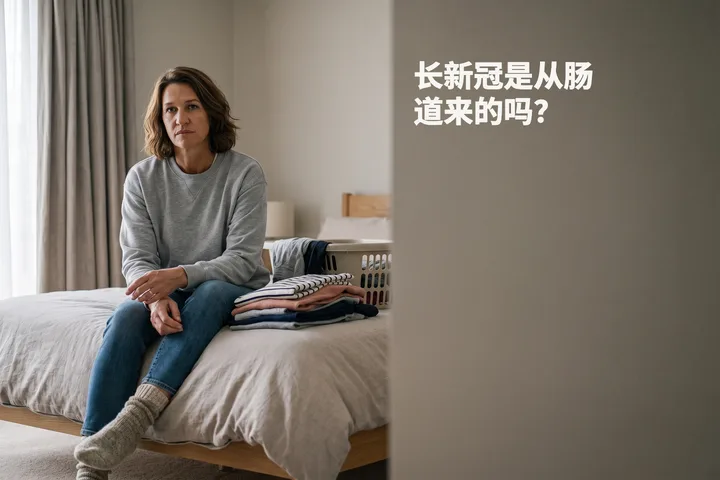 长新冠是从肠道来的吗？ — 一位女性洗衣洗到一半停下来，坐在床沿上