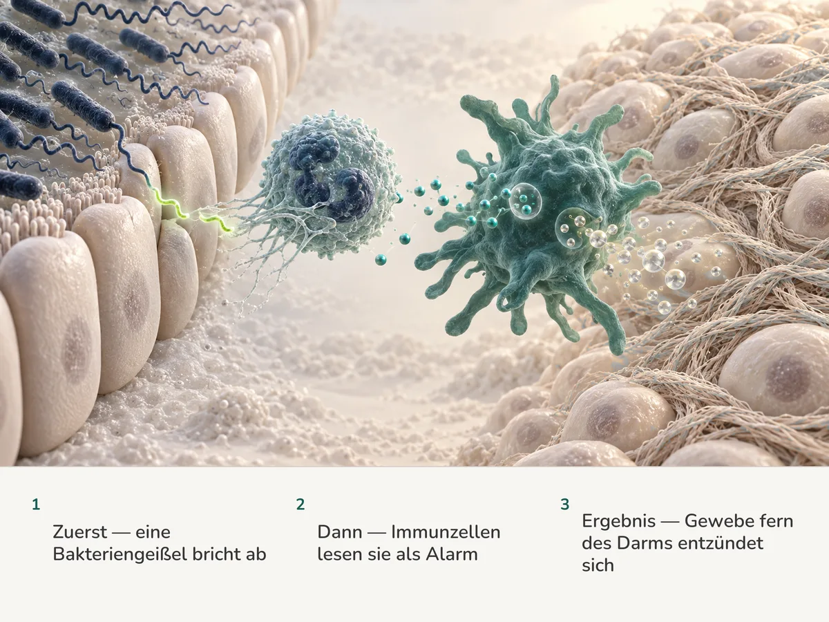 Illustration: ein abgelöstes Stück einer Bakteriengeißel verlässt den Darm, ein neutrophiler Granulozyt wirft ein Netz aus und signalisiert einem Makrophagen, und fernes Gewebe verdichtet sich mit Fasern