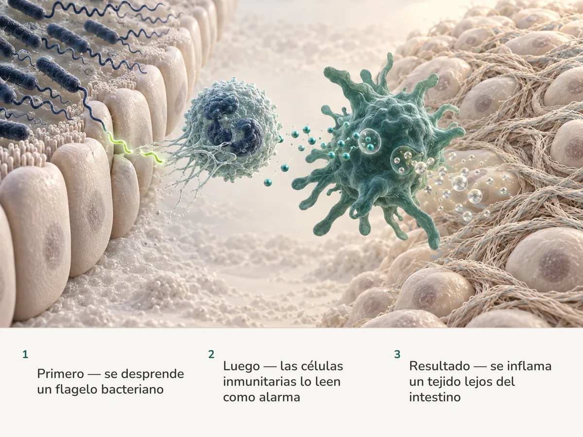 Ilustración: un trozo de flagelo bacteriano sale del intestino, un neutrófilo lanza una red y avisa a un macrófago, y un tejido lejano se espesa con fibras