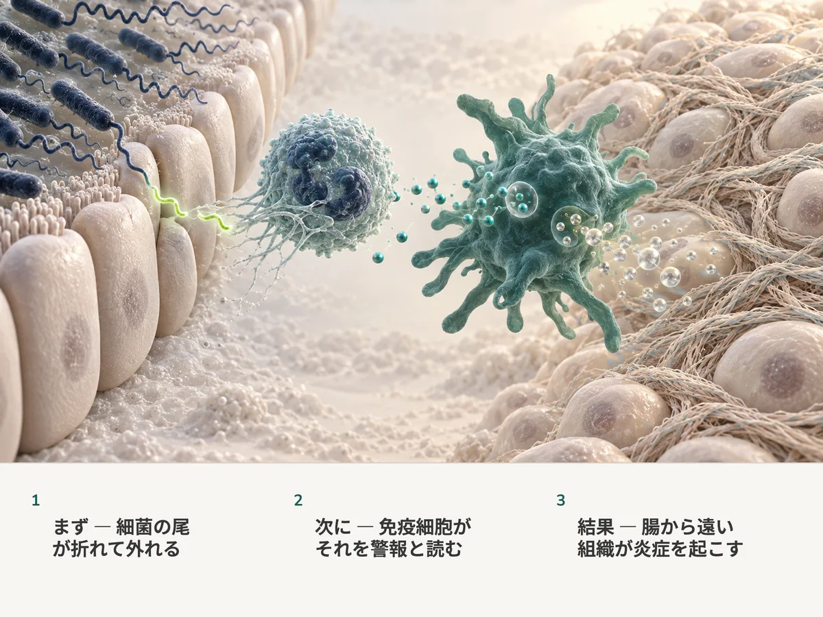 イラスト：抜け落ちた細菌の尾の断片が腸を出て、好中球が網を投げてマクロファージに合図を送り、遠く離れた組織が線維で厚くなっていく