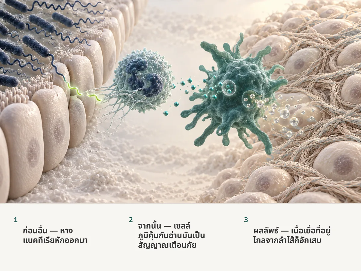ภาพประกอบ: ชิ้นส่วนหางแบคทีเรียที่หลุดออกมาเดินทางออกจากลำไส้ นิวโทรฟิลเหวี่ยงตาข่ายออกมาและส่งสัญญาณถึงแมโครฟาจ แล้วเนื้อเยื่อที่อยู่ไกลออกไปก็หนาขึ้นด้วยเส้นใย