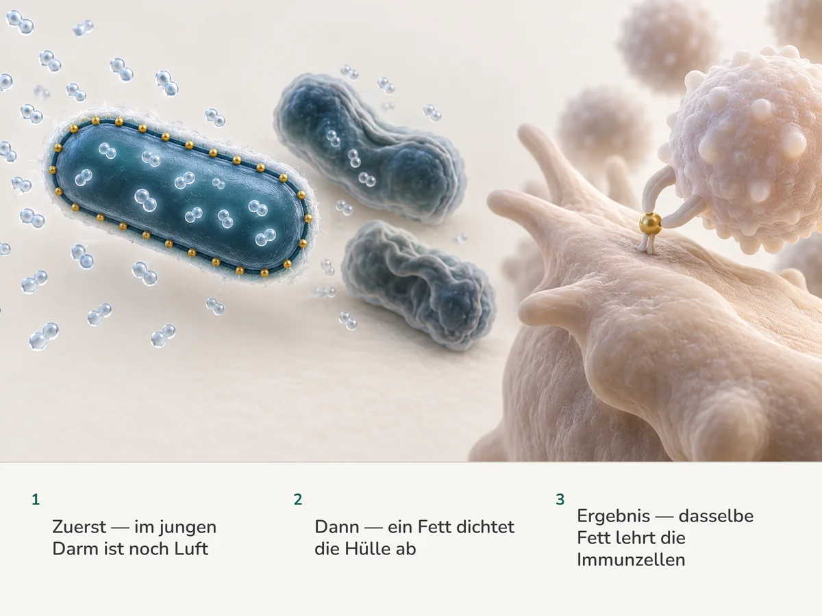 Illustration: ein kurzes Stäbchen hält seinen dichten Membranrand, während Luftteilchen vorbeitreiben, und dasselbe Membranfett wird an eine junge Immunzelle weitergereicht, die daran wächst
