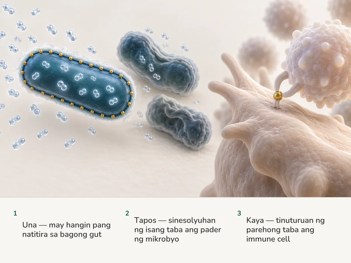Ilustrasyon: hawak ng isang maikling baras ang selyadong gilid ng membrana nito habang dumaraan ang mga alikabok ng hangin, at ipinapasa ang parehong taba ng membrana sa isang batang immune cell na lumalaki sa pagbasa nito