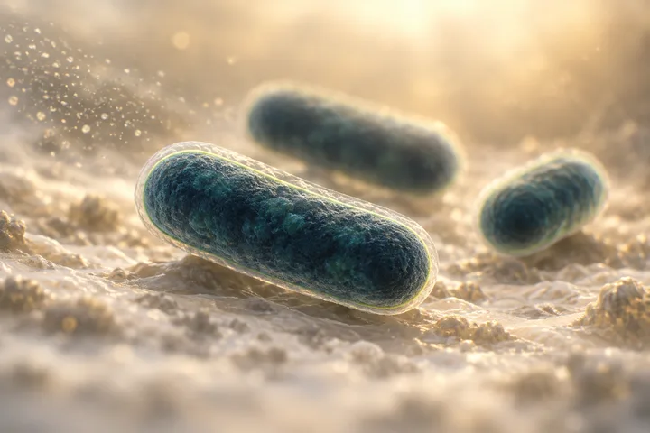 Illustration: kurze Stäbchen von Bacteroides fragilis im Gegenlicht auf junger Darmoberfläche, ein dichter Membranrand schimmert limonengrün