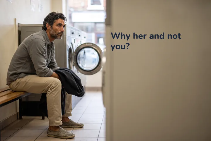 Why her and not you? — a man waits on the bench of a launderette in flat late-morning light