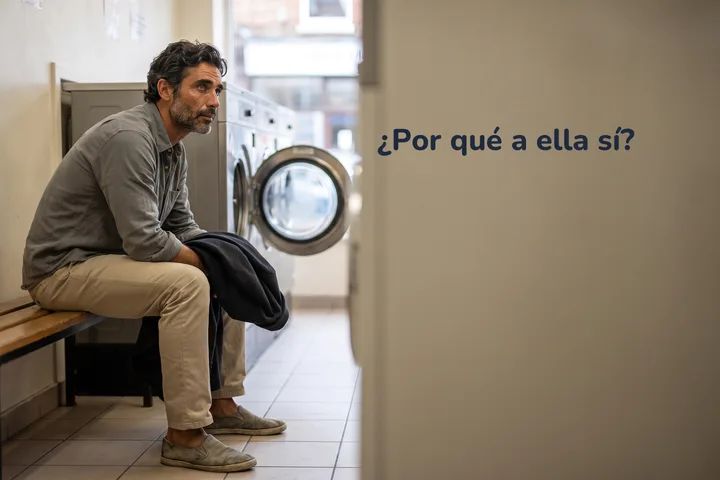 ¿Por qué a ella sí? — un hombre espera en la banca de una lavandería con la luz plana de media mañana