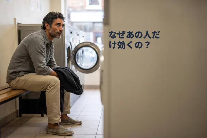 なぜあの人だけ効くの？ — 遅い午前の平らな光の中、男性がコインランドリーのベンチで待っている