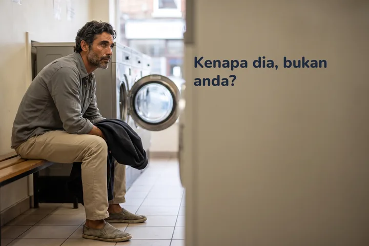 Kenapa dia, bukan anda? — seorang lelaki menunggu di bangku kedai dobi dalam cahaya rata hujung pagi