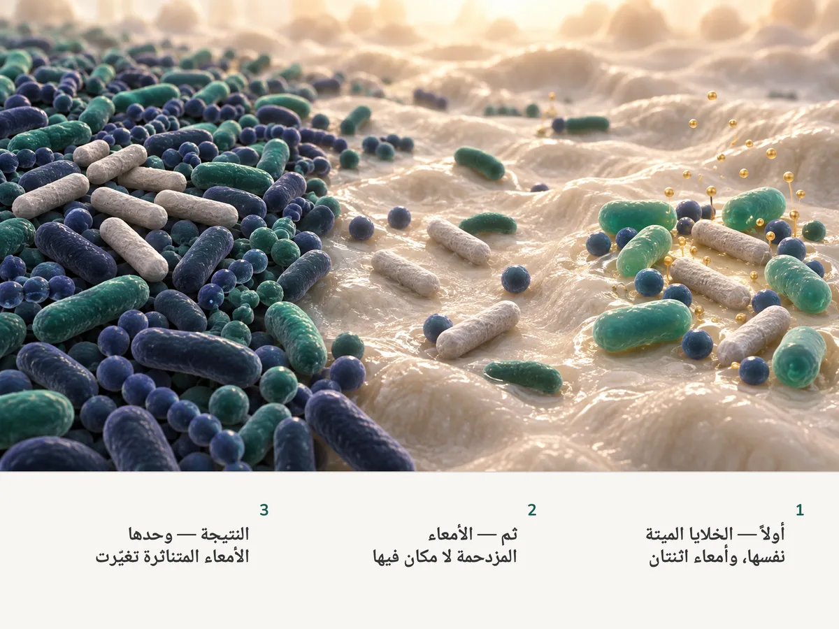 رسم توضيحي: الخلايا العصوية الميتة نفسها ترقد بلا استعمال فوق مجتمع أمعاء مزدحم، لكنها تستقر في فجوات مفتوحة من مجتمع متناثر، حيث يظهر سكان جدد وقطيرات صغيرة