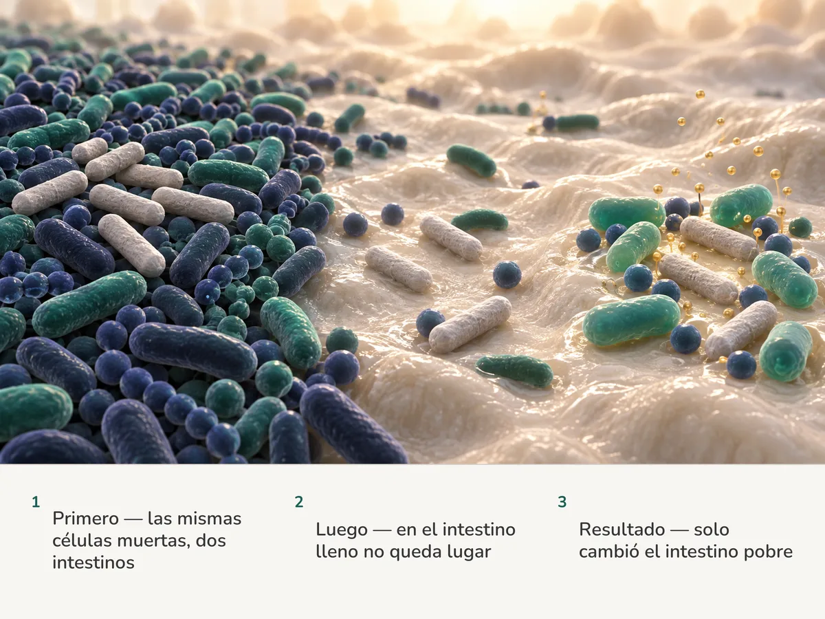 Ilustración: las mismas células muertas quedan sin uso sobre una comunidad intestinal densa, pero se acomodan en los huecos de una pobre, donde aparecen nuevos habitantes y gotitas