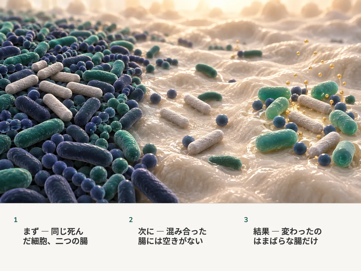 イラスト：同じ死んだ桿菌の細胞が、混み合った腸の集団の上では使われずに横たわり、まばらな集団の空いた隙間には落ち着く。そこでは新しい住人と小さな滴が現れる